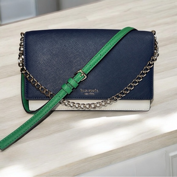 kate spade Handbags - Kate Spade Navy & Green Crossbody | J183 | Gold Chain Strap | Like New
